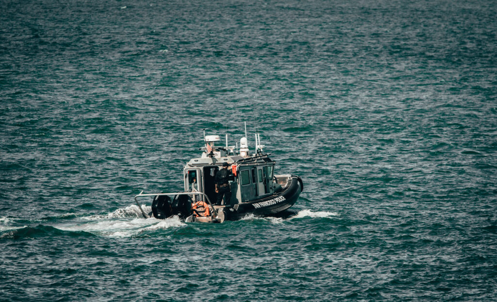 Police boat patrolling during Fleet Week Airshow in San Francisco