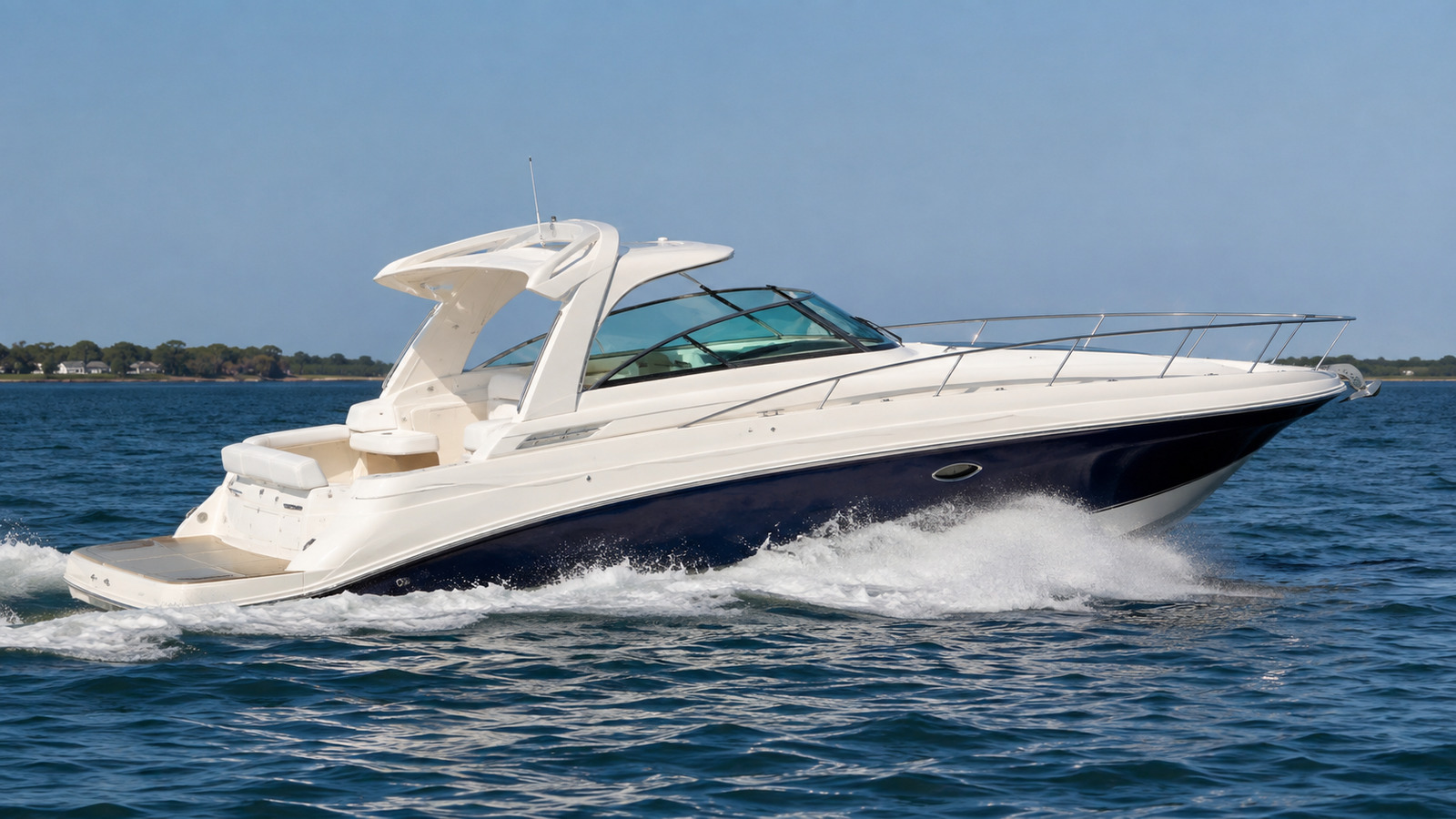 sea ray 380 express cruiser front quarter running 02