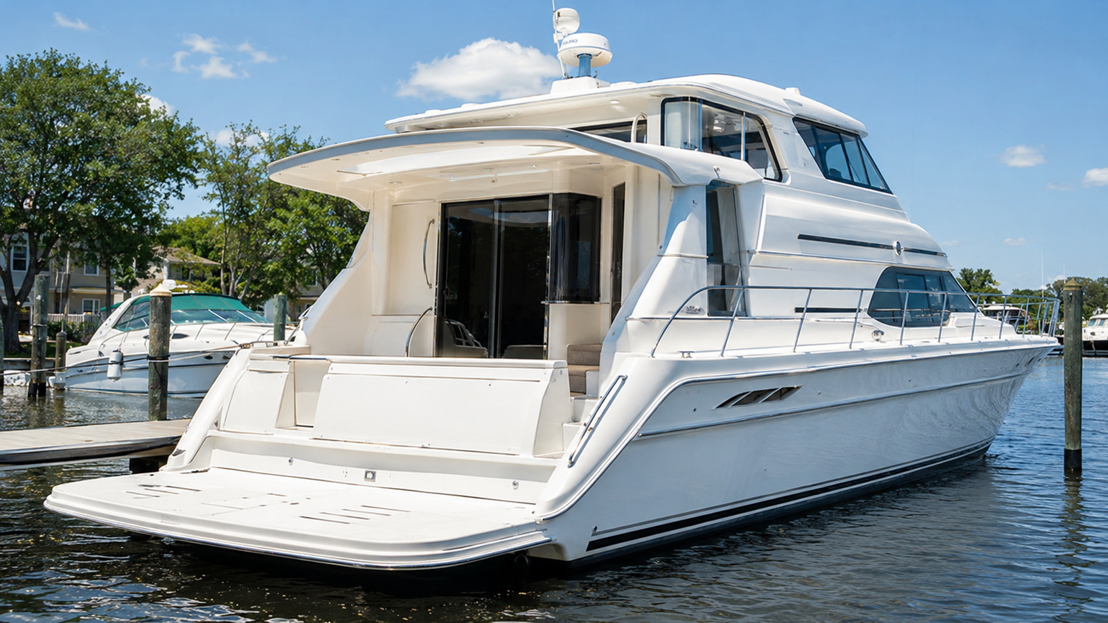 sea ray 420 motor yacht stern dockside 08
